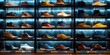 Shoes displayed on tiered shelves, close view, orderly fashion, spotlight