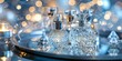 Perfume bottles on a mirrored tray, retail elegance, close-up, sparkling 