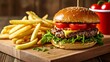  Deliciously stacked burger and fries ready to be savored