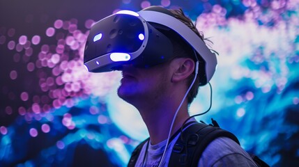 Canvas Print - Young man with virtual reality headset playing live music concert at nightclub