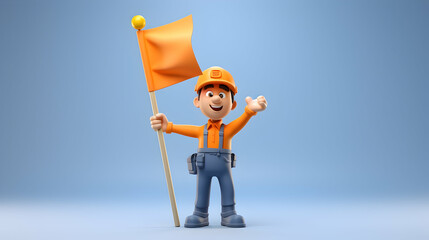 A 3D rendering featuring a motivated construction worker character,