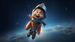 A 3D rendering featuring a smiling rocket character soaring through the sky,