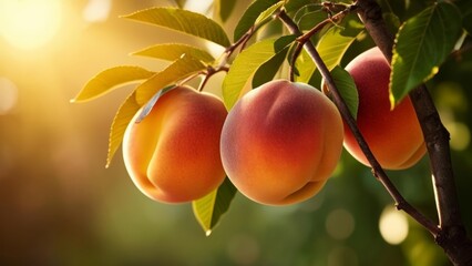 Poster -  Ripe peaches hanging from a tree ready for picking