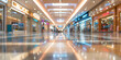 Shopping mall interior as the main element, perfect for an advertising banner with space for content. Abstract blurry background.
