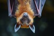 Mysterious Bat hanging upside down on the tree. Wildlife flying animal on wooden bark. Generate ai