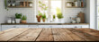 Beautiful empty wooden dining table top with bokeh modern kitchen interior background in a clean and bright atmosphere created with Generative AI Technology
