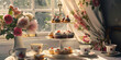 afternoon tea setting garden background soft afternoon light traditional English tea, high tea Beautiful english afternoon tea ceremony with desserts and snacks