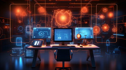 Wall Mural - A 3D rendering of a computer science lab with futuristic computers and coding symbols