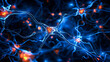 Illustration of a shining neurons, nerves cell connections in syle of neon blue on dark background.