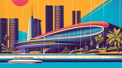 Retro illustration in the style of science fiction. A futuristic city