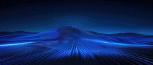 Minimalist Futuristic Art Simple Curve Blue Light Lines Mountain With City Skyline Meta Universe Straight Blue Glowing Road In The Center On Dark Background Created With Generative AI Technology