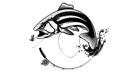 Wall Mural - Rainbow trout jumping out water.Salmon isolated on white background. Concept art for horoscope, tattoo or colouring book.