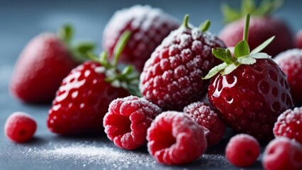 Wall Mural -  Fresh juicy raspberries dusted with sugar ready to be savored