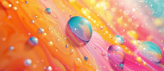 Poster - Macro shot capturing the vibrant swirls of paint and oil droplets mixing in water against a colorful background