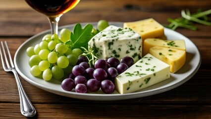 Canvas Print -  Deliciously paired  A plate of cheese and grapes with a glass of wine