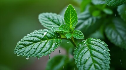 Wall Mural -  Raindrops on a fresh green leaf