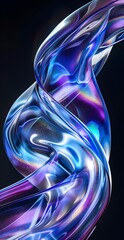 Wall Mural - Abstract purple and blue glass wave on black background. Vertical backdrop.