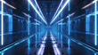 This image showcases a perspective view of a corridor bathed in blue neon lights, exhibiting a high-tech and futuristic aesthetic