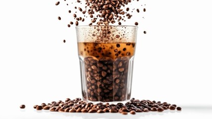 Sticker -  Coffee beans in midair creating a dynamic splash effect