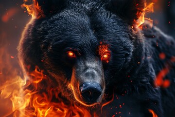 Canvas Print - Fierce Bear face fiery red eyes. Wild head. Generate Ai