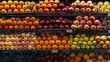 Fresh fruits, such as apples, oranges, pomegranates, and lemons, are neatly stacked on shelves at the grocery store.