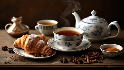 Canvas Print -  Cozy afternoon tea setup with warm pastries and aromatic spices