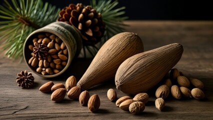 Canvas Print -  Autumns bounty  A rustic tableau of pine cones and almonds