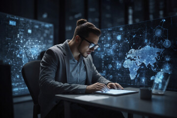 The programmer works on a tablet. Study and create programs for cybersecurity.