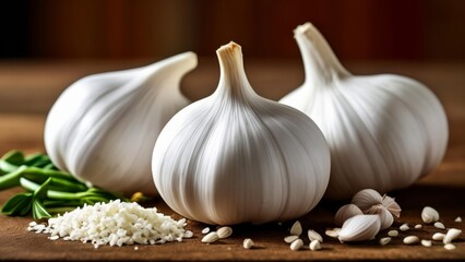 Sticker -  Fresh garlic bulbs and rice grains on a wooden table