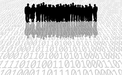 Wall Mural - conceptual technology image of silhouetted group of business people and binary code over white backg