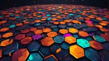 "Enter A World Of Vibrant Hues And Mesmerizing Patterns With Our AI Platform. Imagine An Abstract Background Featuring A Kaleidoscopic Display Of Intertwining Hexagons, Illuminated By Glowing Lights. 