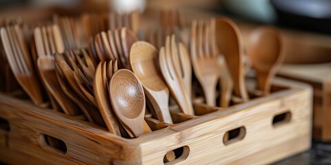 Sticker - Biodegradable utensils in a bamboo organizer, close view, zero waste concept