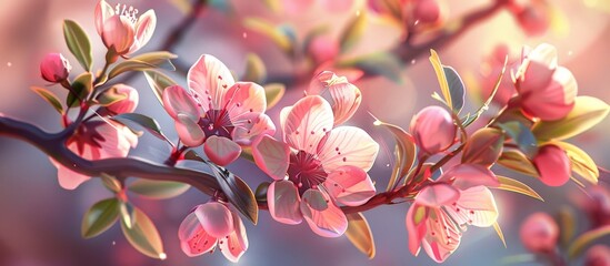 Wall Mural - Macro shot of blooming pink flowers on tree branches