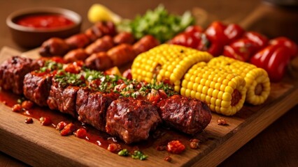 Poster -  Delicious grilled meats and corn on the cob ready to be savored