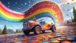 A Relic Reborn: A Classic Sports Car Bathed in Rainbow Hues, a Testament to Enduring Passion Against a Fiery Sunset.	
