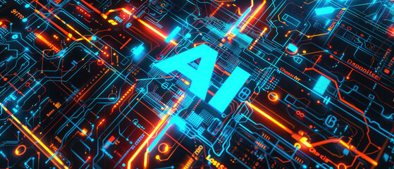 Wall Mural - Artificial Intelligence chip with words AI in the center against a background of highly detailed futuristic electronic circuit boards glowing blue and orange