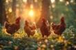 A serene composition of a group of chickens basking in the soft, golden light of a forest sunset