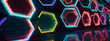 A surreal abstract background featuring hexagonal shapes illuminated by glowing lights, suggesting entry into a digital dimension.