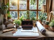 A laptop is on a desk with a stack of papers and a potted plant. The desk is surrounded by potted plants and a vase. Concept of productivity and creativity, as the laptop