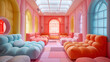 a room where the walls are made of bouncy castle floated material in the shape of squares. colorful perspective.