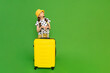 A beautiful little girl is getting ready to travel with a big yellow suitcase. A child in shorts and a hat eats for the summer holidays and looks at your ad. Green isolated background. Copy Space