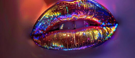 Wall Mural - beautiful close-up woman's lips with sparkling purple gold bioluminescent neon lights stained glass light 