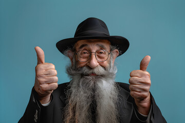 Wall Mural - Portrait of senior orthodox jewish man wearing black hat on blue background. Jewish holiday celebration. Judaism, religion concept. Human emotions