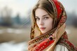 Beautiful Slavic woman. Attractive lady with blue eyes and headscarf. Generate ai