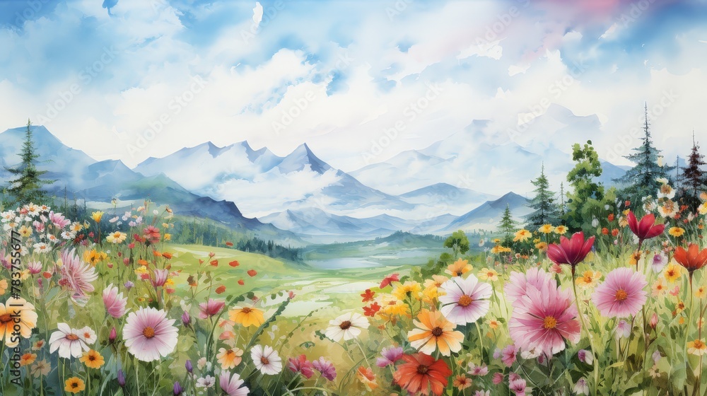 A watercolor painting of a field of flowers in the mountains. Stock ...