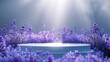 Lavender flowers surrounding a pedestal with heavenly light.