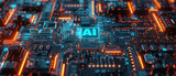 Fototapeta  - Artificial Intelligence chip with words AI in the center against a background of highly detailed futuristic electronic circuit boards glowing blue and orange created with Generative AI Technology