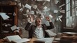 © Nick - Angry businessman scream loud in office papers floating in air many documents on table