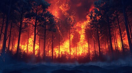 Wall Mural - Climate Change: A 3D vector illustration of a forest on fire
