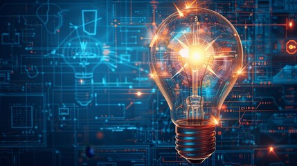 Wall Mural - Creativity and Design: A 3D vector illustration of a lightbulb with a compass and blueprint inside